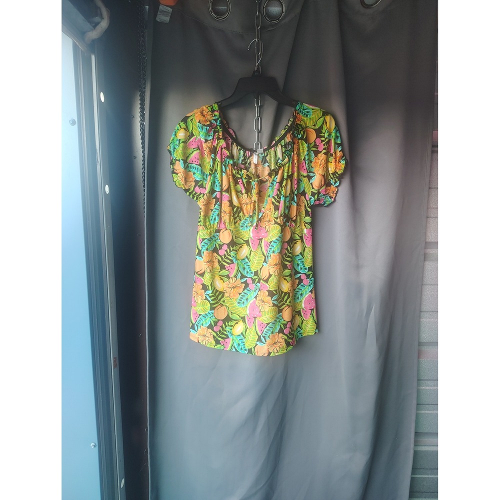 Cato Womens Tropical‎ Fruit Floral Print Scoop Neck Puff Sleeve Blouse Medium